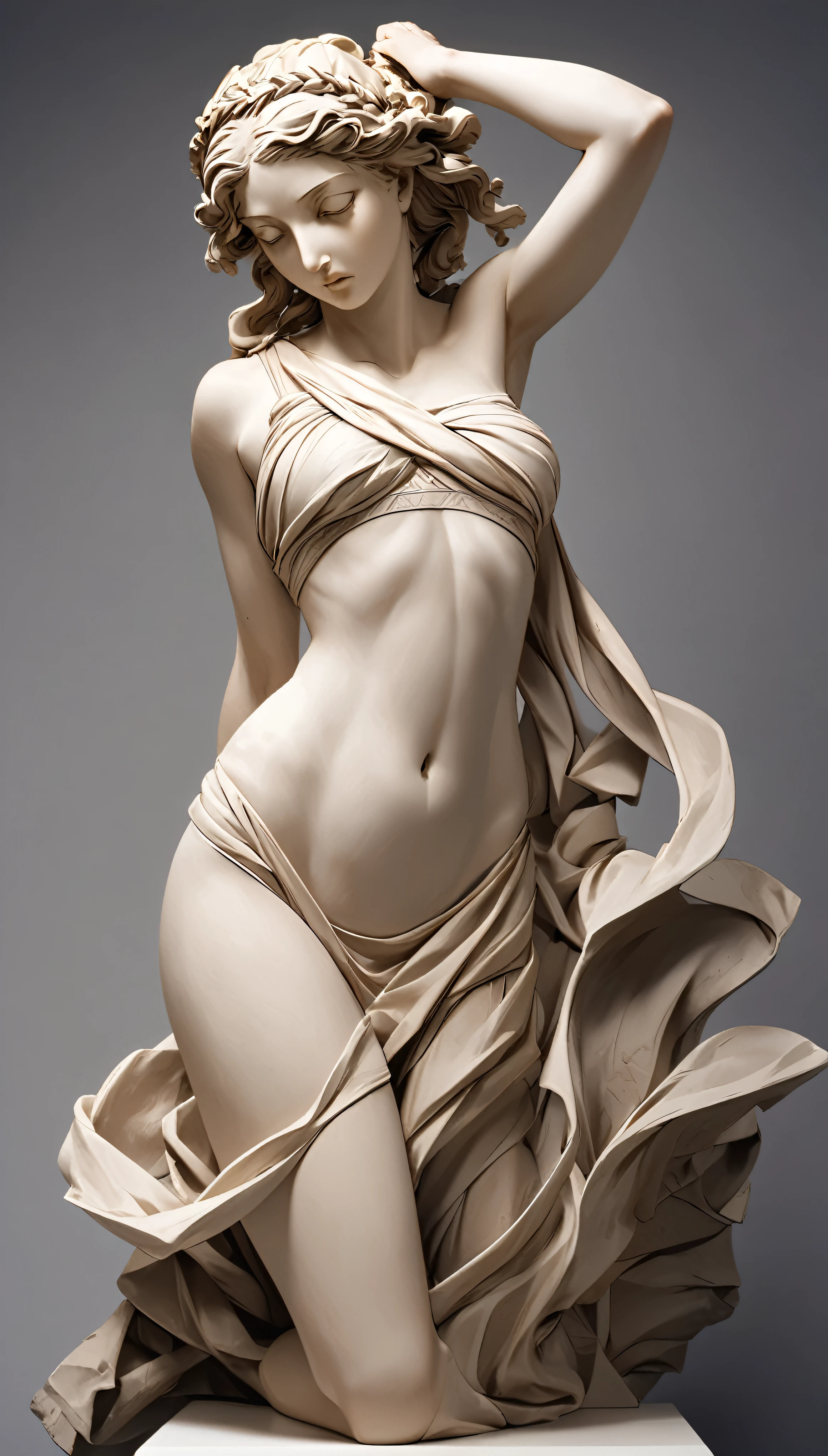 statue of a real woman, naked, in white plaster, perfect mold, full body, beautiful buttocks, blue sky, white eyes