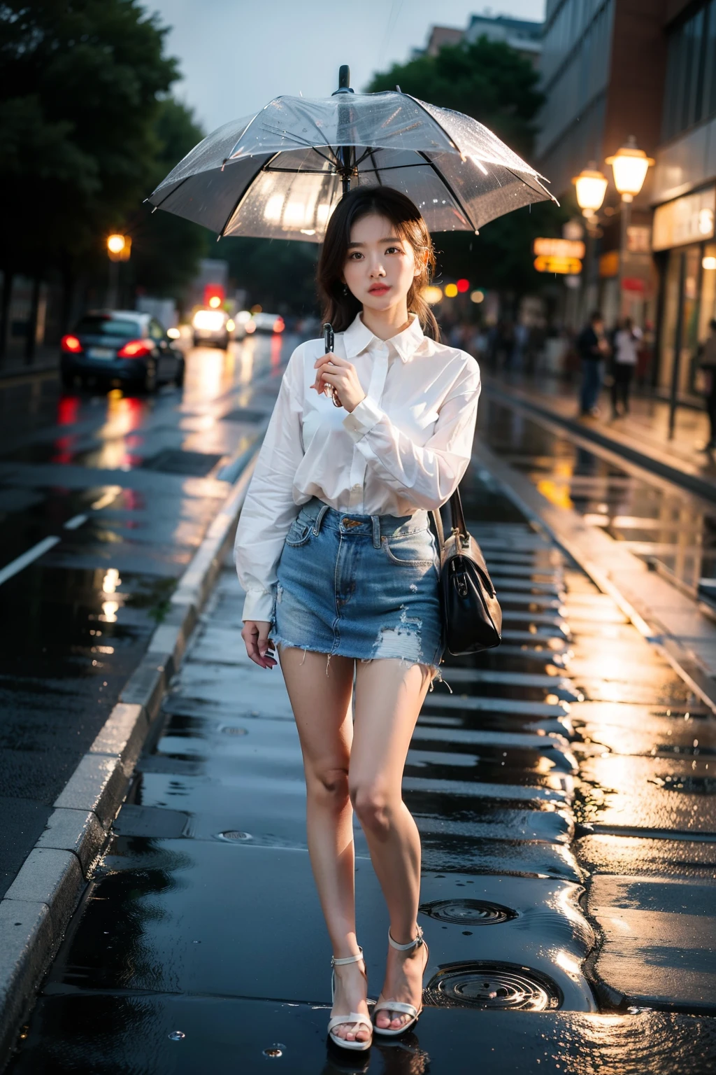 ((best quality)), ((masterpiece)), (detailed), It was raining heavily,city street at night,There are no pedestrians on the road. street lamp, Raindrops fall on the rainwater pooled on the asphalt floor. A Korean woman in her 20s standing with an umbrella, pretty face, white shirt, mini skirt,