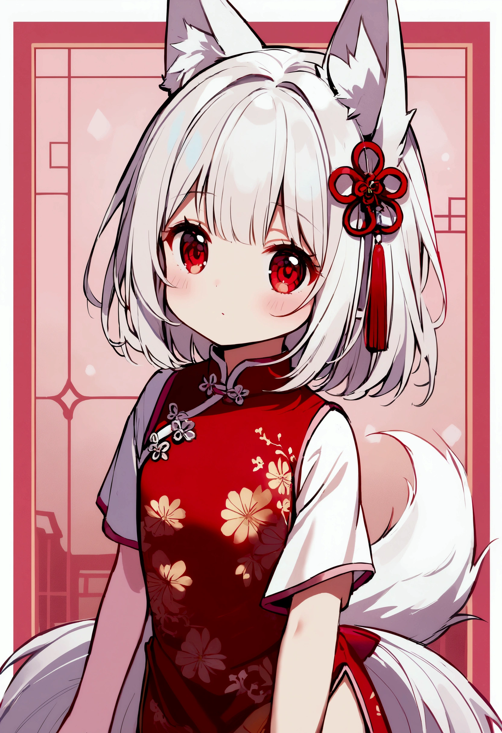 with short white hair, Red Eyes, White fox ears with pink border, Red Chinese dress with border, and white and pink tail.