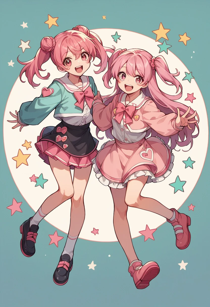 Two cute anime girls twin, pink hair, pink eyes, idol outfit, short skirt, happy, jump, full body, tall