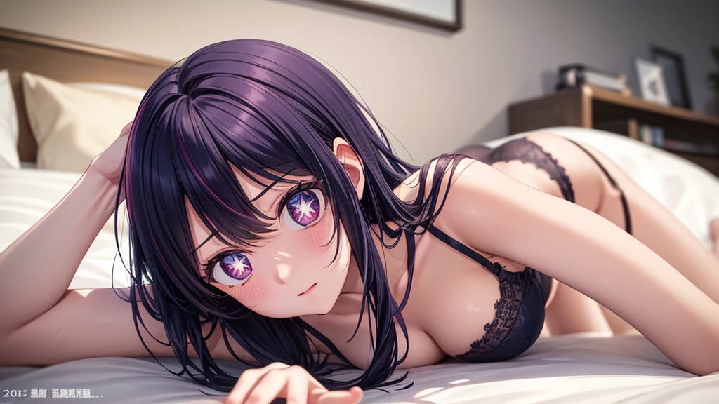 (8k, Ultra-high resolution, The best masterpiece, best quality:1.2), Very detailed, Half Body, side, focus on eyes, HD RAW photos, career arrest, High quality and beautiful, 超高清 8k 影像照片, confess, Professional photography, (actual, actual相片: 1.37), Very detailed的美麗女孩, Super delicate face shape, Contoured eyes, (Very detailed eyes), Delicate skin, (HD Skin:1.2), Neatly contoured fingers, (20:1.2), Twenty generations, cute girl, young beautiful mother, solo, Ai Hoshino, Hoshino Ai, Permanent, (Put on sexy lingerie), seductive appearance, (In the bedroom at home), Dynamic dark purple long hair, shiny purple eyes, (Star-shaped pupil:1.5), one hand raised, Sexy, wooing, sexual expression, perfect anatomy, Detailed background, HD Background, Volumetric lighting, actual, stunning details, 8k Ultra HD, high quality, CG unity, C4D Rendering, 3D Rendering, Octane Rendering,