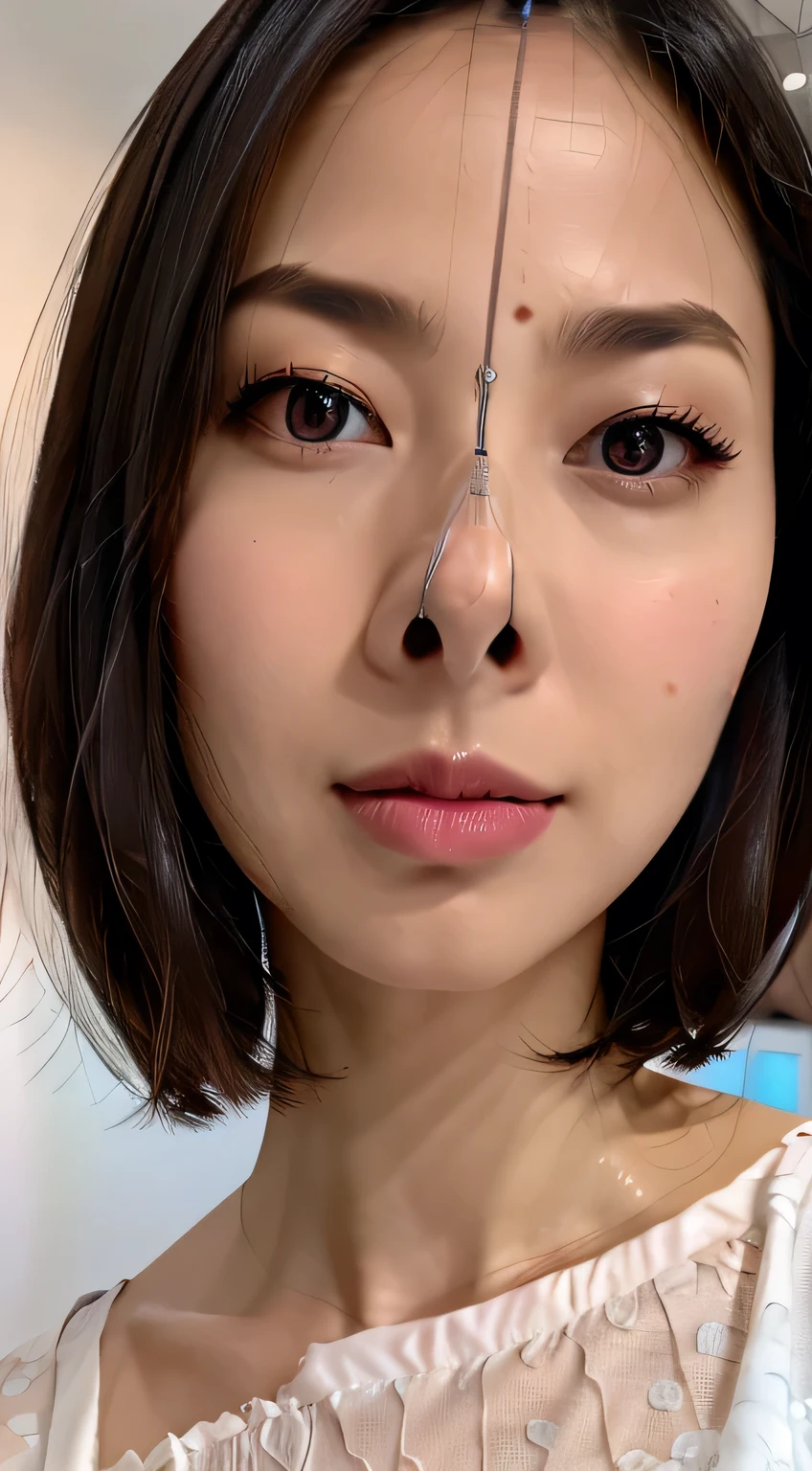 Beautiful and attractive woman in fashion trends, ,(Highest quality realistic textured skin:1.4), Beautiful Eyes, Detailed face, High quality eyes, Keep your eyes focused, Nose and mouth,Face Focus, Super Face close-up gentle and charming Chinese beautiful woman, Delicate and sexy collarbone, Attractive oval face, double eyelid, Clever pink eyes, Pink Lips, Small Nose, Expose your shoulders, Focus on the face, Face close-up, Ultra-high resolution, Very detailed, Full body photo, Ultra-thin and transparent, A white off-the-shoulder shirt and a light blue slit skirt go perfectly together..., Fresh and delicious, And see through,Cinema Lighting,Rim Light,Bobcut,