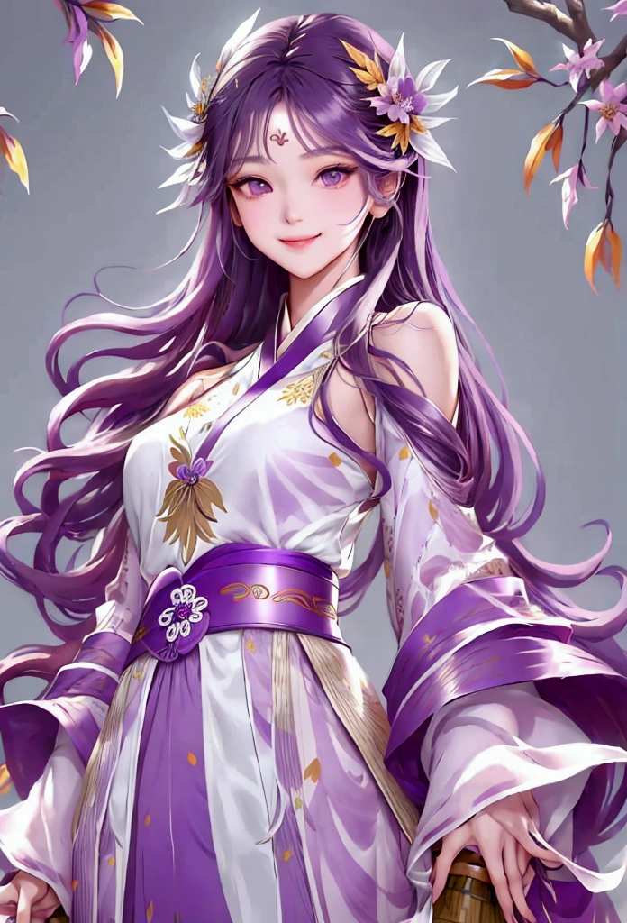 1girl, purple eyes, Long purple hair decorated with flowers 🏵️, bright brown eyes,Smile, smile,Girl wearing a simple hanfu, looks beautiful and pure,The background is filled with purple mulberry trees 🍁,Falling leaves make the atmosphere look beautiful,Girl is holding a bamboo basket containing mulberry flowers 🍁while picking flowers, graceful, beautiful, magical, sweet, 4k