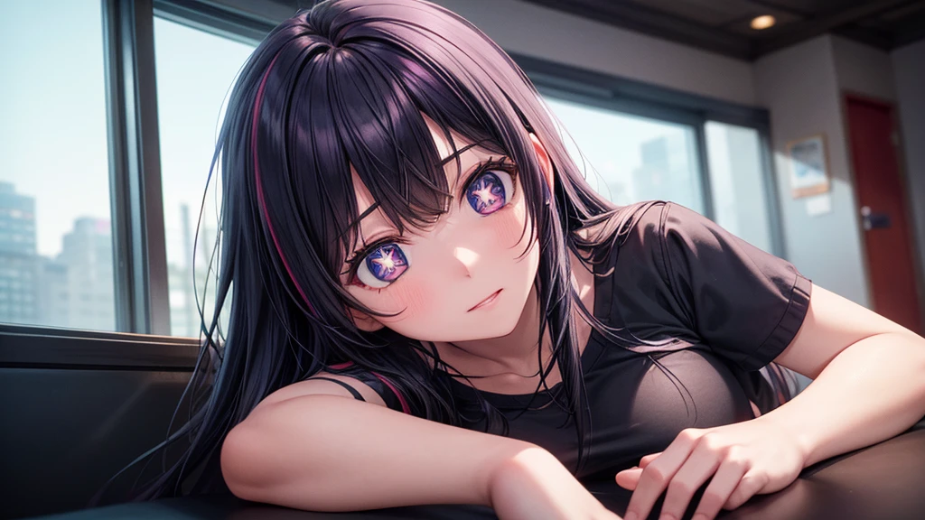 (8k, Ultra-high resolution, The best masterpiece, best quality:1.2), Very detailed, Complete Solution, (actual, actual photo: 1.37), portrait, HD RAW photos, career arrest, High quality and beautiful, 超高清 8k 影像照片, confess, Professional photography, Very detailed的美麗女孩, Super delicate face shape, Contoured eyes, (Very detailed eyes), Precisely shaped nose, expressive lips, Delicate skin, (HD Skin:1.2), Neatly contoured fingers, Every feature is carefully displayed, (20:1.2), Twenty generations, cute girl, young beautiful mother, solo, Ai Hoshino, Hoshino Ai, Permanent, Photography studio, Vibrant look, (Comfortable casual loungewear), Dynamic dark purple long hair, shiny purple eyes, (Star-shaped pupil:1.5), one hand raised, Sensual, A face that exudes maternal love, perfect anatomy, Detailed background, HD Background, Volumetric lighting, actual, stunning details, 8k Ultra HD, high quality, CG unity, C4D Rendering, 3D Rendering, Octane Rendering,