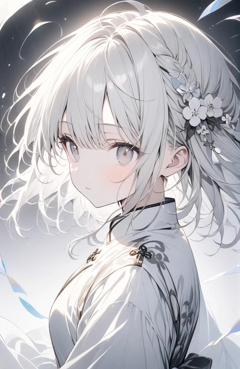 (masterpiece:1.2),(anime),、girl、cute,Silver Hair,Pink glowing eyes,sweets dream, A colorful world, cute, like, Highest quality, masterpiece,【Highest quality, Tabletop】 (Gray white background:1.7), Han Fei,Grey Hair,White flower hair ornament,White ribbon,Grey Eyes,Black and white outfit,White translucent socks,Fleeting,Expressionless,dream,White Background,whole body,Portraits,A look of contempt,chinese style clothing,chinese garment,Monochrome,Fleeting,