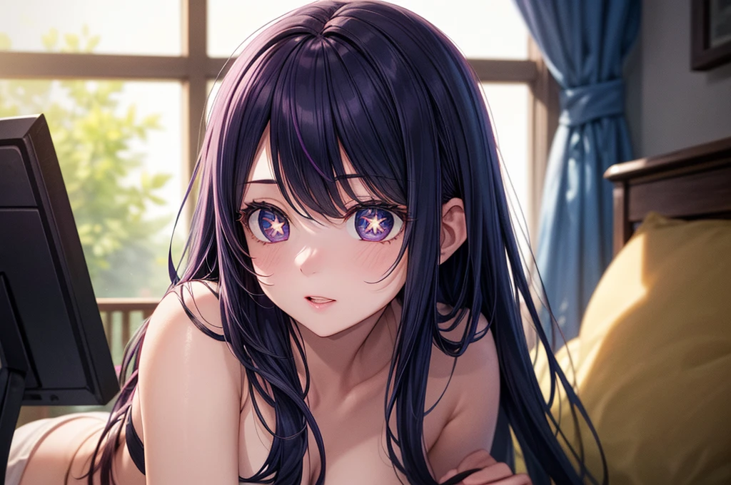 (8k, Ultra-high resolution, The best masterpiece, best quality:1.2), Very detailed, Complete Solution, (actual, actual photo: 1.37), portrait, HD RAW photos, career arrest, High quality and beautiful, 超高清 8k 影像照片, confess, Professional photography, Very detailed的美麗女孩, Super delicate face shape, Contoured eyes, (Very detailed eyes), Precisely shaped nose, expressive lips, Delicate skin, (HD Skin:1.2), Neatly contoured fingers, Every feature is carefully displayed, (20:1.2), Twenty generations, cute girl, young beautiful mother, solo, Ai Hoshino, Hoshino Ai, Permanent, Photography studio, Vibrant look, (Comfortable casual loungewear), Dynamic dark purple long hair, shiny purple eyes, (Star-shaped pupil:1.5), one hand raised, Sensual, A face that exudes maternal love, perfect anatomy, Detailed background, HD Background, Volumetric lighting, actual, stunning details, 8k Ultra HD, high quality, CG unity, C4D Rendering, 3D Rendering, Octane Rendering,