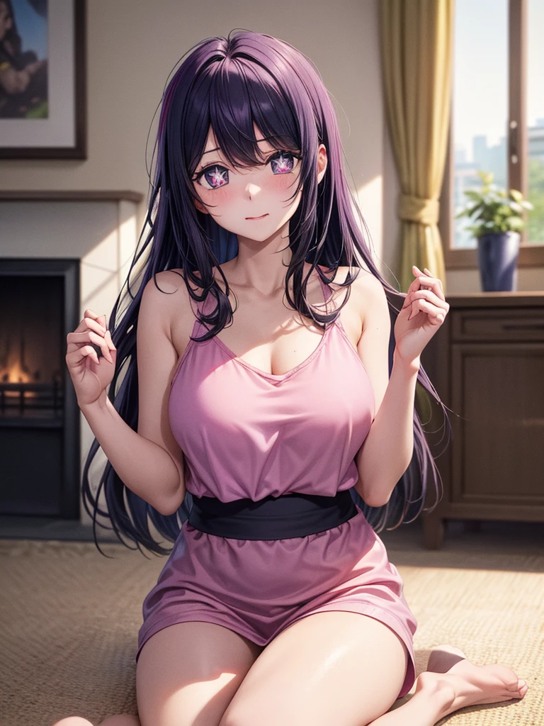 (8k, Ultra-high resolution, The best masterpiece, best quality:1.2), Very detailed, portrait, Half Body, side, focus on eyes, HD RAW photos, career arrest, High quality and beautiful, 超高清 8k 影像照片, confess, Professional photography, (actual, actual相片: 1.37), Very detailed的美麗女孩, Super delicate face shape, Contoured eyes, (Very detailed eyes), Delicate skin, (HD Skin:1.2), Neatly contoured fingers, (20:1.2), Twenty generations, cute girl, young beautiful mother, solo, Ai Hoshino, Hoshino Ai, (Wear comfortable loungewear), Vibrant look, (Layperson, Living room), Dynamic dark purple long hair, shiny purple eyes, (Star-shaped pupil:1.5), one hand raised, Sensual, warm, Exuding motherly love, perfect anatomy, Detailed background, HD Background, Volumetric lighting, actual, stunning details, 8k Ultra HD, high quality, CG unity, C4D Rendering, 3D Rendering, Octane Rendering,