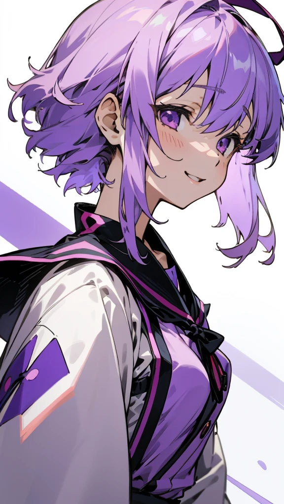 １girl、Yuitsuki Yukari、Light purple hair、short hair、(Hair between the eyes) )、Blouse shirt with ethnic patterns and primary colors、profile、smile、Upper body close-up