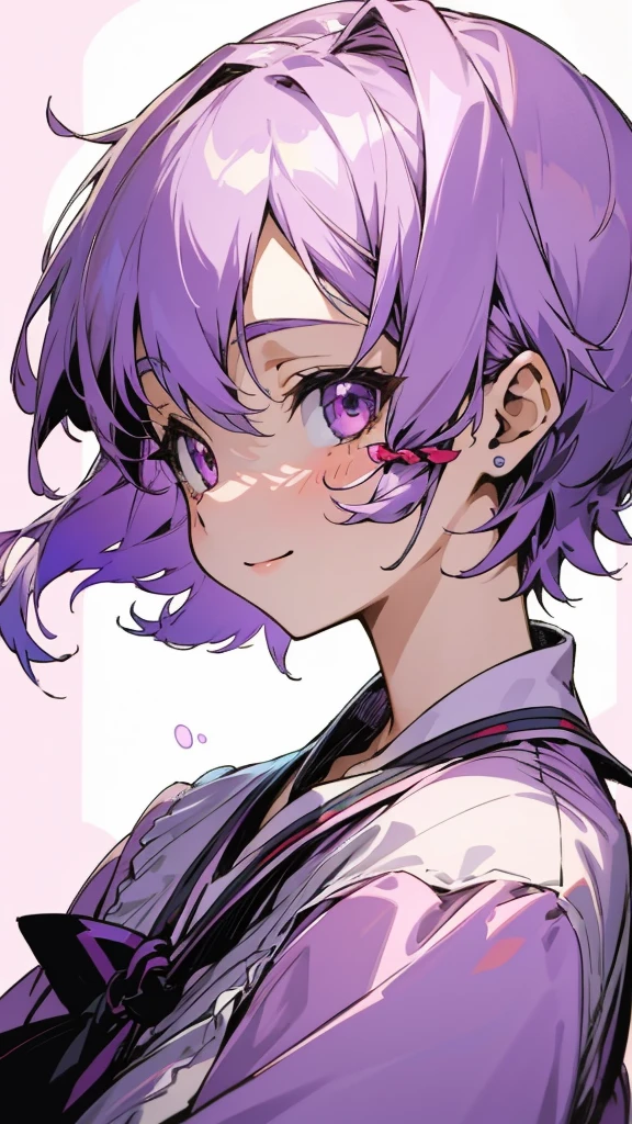 １girl、Yuitsuki Yukari、Light purple hair、short hair、(Hair between the eyes) )、Blouse shirt with ethnic patterns and primary colors、profile、smile、Upper body close-up