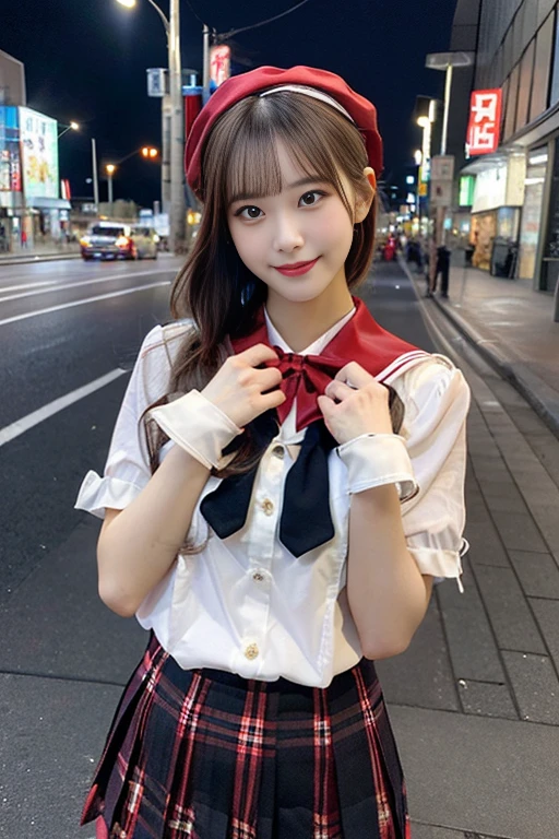 (a lady, early 20s, at Akihabara, dressed in Japanese uniform fashion, blouse with a sailor-style collar, a pleated skirt, feminine_pure_natural_look, Serafuku, Seifuku, Sailor Uniform, JK Uniform Cosplay, Buttons, Red Ribbon, Red Tie, Red neckties, Red Bolo Ties, Red Neckerchiefd, Red Bows, Sailor Collar, Sailor Hat, Western-style plaid skirts, knee-high socks, random & natural pose under night sky, beautiful detailed face, beautiful detailed eyes, dimpled smile, kind & friendly smile, short straight hair, bob hair, ponytail, cute snaggletooth, ample round bosom, strengthened chest, Fit & Healthy body proportion, photorealistic, hyper-realism, high contrast, ultra HD, realistic skin textures, top image quality, top-quality, super high resolution, fine details, very meticulously, bokeh background, full_body_shot or the_cowboy_shot , vivid colours, masterpiece) 🍑🎩