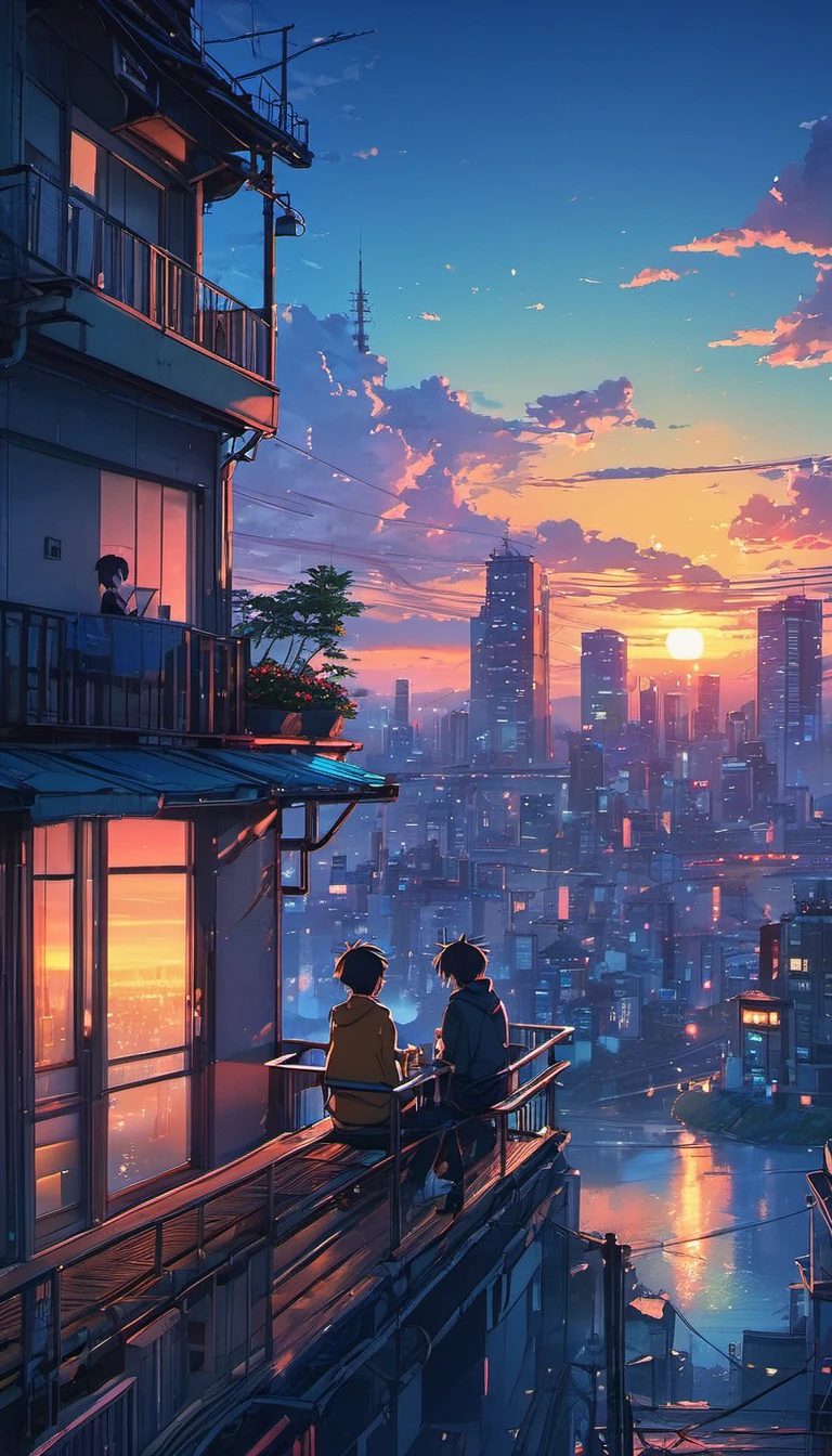 anime couple sitting on a balcony watching the sunset, watching the sun set. anime, lofi artstyle, anime background art, anime style cityscape, beautiful anime scene, lofi art, in style of makoto shinkai, 4 k manga wallpaper, makoto shinkai cyril rolando, hd anime cityscape, ilya kuvshinov landscape, 4k anime wallpaper