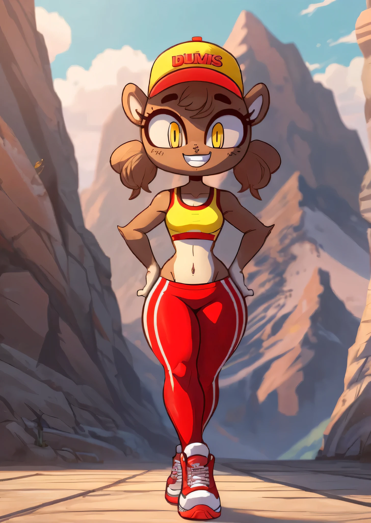 [Baozi], [Diives], ((masterpiece)), ((HD)), ((high res)), ((solo portrait)), ((front view)), ((feet visible)), ((detailed shading)), ((cartoon aethsetic)), {(slim figure), (brown fur), (white fur tufts on hips), (black nose), (round ears), (cute bang), (cute yellow eyes), (short eyelashes), (medium breasts), (curvy hips), (love handles), (thick thighs), (beautiful legs), (cute grin), (excited expression)}, {(red sports bra), (navel), (red yoga pants), (red sneakers), (yellow baseball cap)}, {(loking at viewer)}, [ambient lighting, mountains, sun rays]