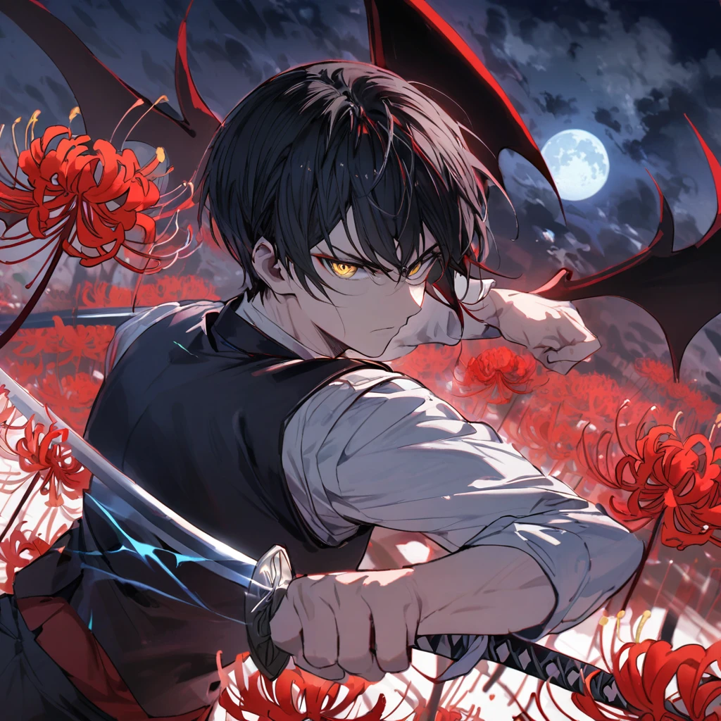 Short black hair, man, bat wings, golden eyes, shirt and vest, spider lily, red makeup, blue full moon, iaido stance, sword