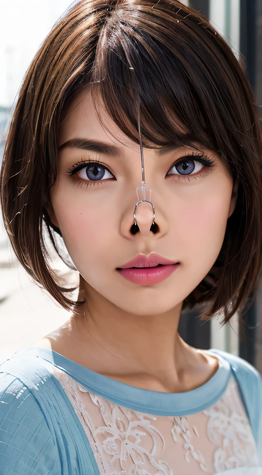 Beautiful and attractive woman in fashion trends, ,(Highest quality realistic textured skin:1.4), Beautiful Eyes, Detailed face, High quality eyes, Keep your eyes focused, Nose and mouth,Face Focus, Super Face close-up gentle and charming Chinese beautiful woman, Delicate and sexy collarbone, Attractive oval face, double eyelid,, Pink Lips, Small Nose, Expose your shoulders, Focus on the face, Face close-up, Ultra-high resolution, Very detailed, Full body photo, Ultra-thin and transparent, A white off-the-shoulder shirt and a light blue slit skirt go perfectly together..., Fresh and delicious, And see through,Cinema Lighting,Rim Light,Bobcut,