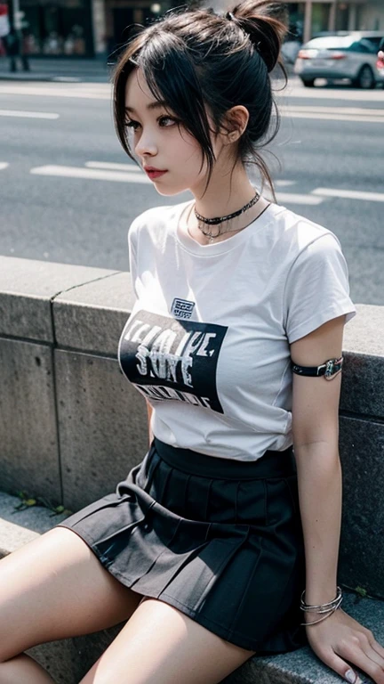 solo , 1girl , American girl Sitting , shirt rock punk styes , big breast , skirt rock punk styes , bracelet
