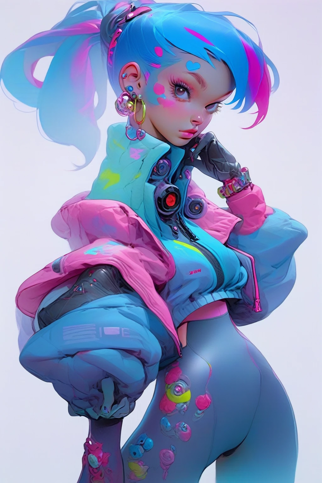 1girl, solo, pink hair, ponytail, pink eyes, jacket, long hair, multicolored hair, bodysuit, blue hair, looking at viewer, pink jacket, gloves, fingerless gloves, hair ornament, earrings, cyberpunk, jewelry, white background, simple background, standing, science fiction, masterpiece, best quality,