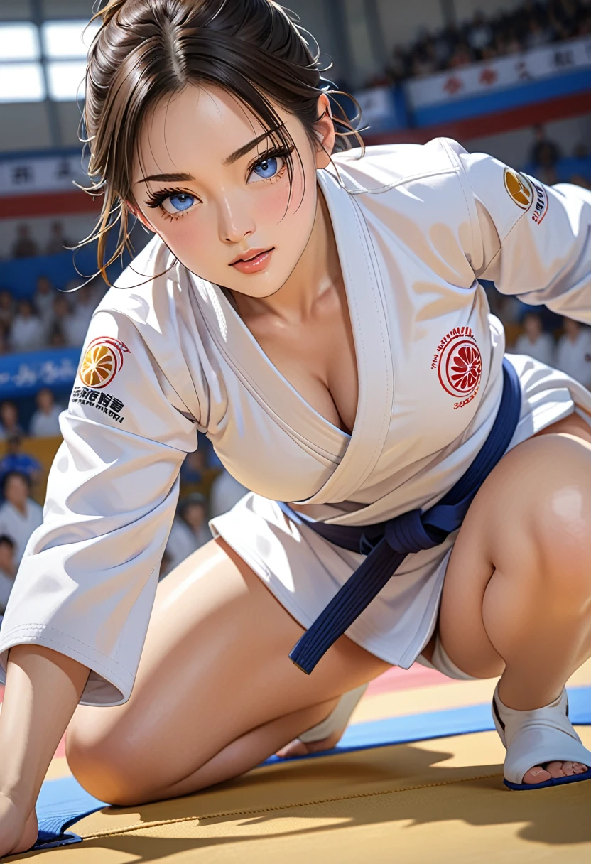 good quality,HD,16K,sharp lines,1 girl,wrestling athlete ,cute face, big , nice legs,At the Judo venue,Focus girls,detailed beautiful face,detailed clothing,beautiful eyes,Cool,dynamic angle