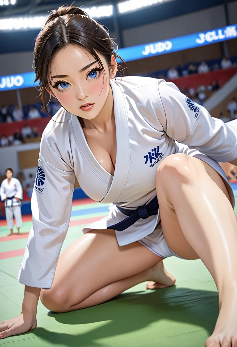 good quality,HD,16K,sharp lines,1 girl,wrestling athlete ,cute face, big , nice legs,At the Judo venue,Focus girls,detailed beautiful face,detailed clothing,beautiful eyes,Cool,dynamic angle