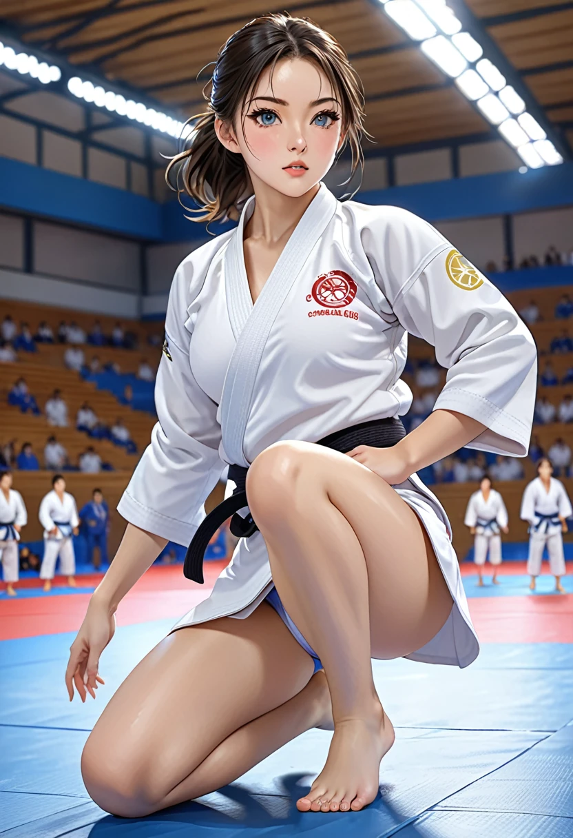 good quality,HD,16K,sharp lines,1 girl,wrestling athlete ,cute face, big , nice legs,At the Judo venue,Focus girls,detailed beautiful face,detailed clothing,beautiful eyes,Cool,dynamic angle