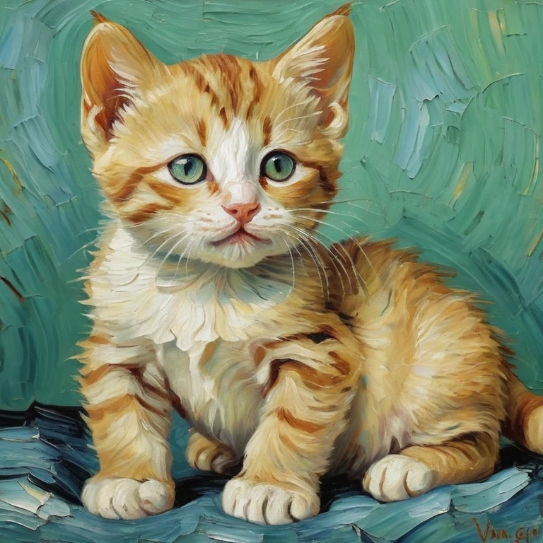 a oil painting of a cat, baby cute, artist by Vincent Van Gogh