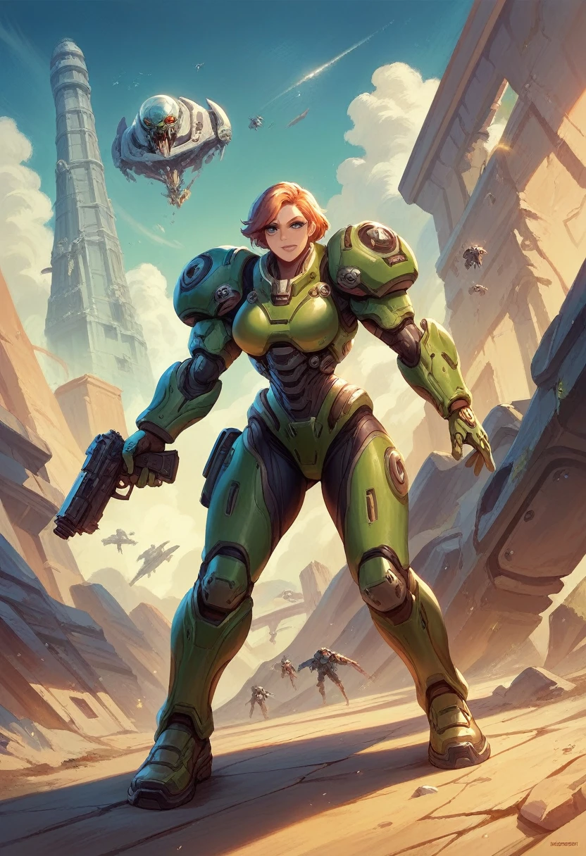 A woman holding a gun in front of a spaceship, The background is the ruined empire, Official Character Art, Zombies in Doom Eternal, Orianna, C - 3 P 0 painting, inspired by Sargent Johnson, Paradise planet in the background, Juno promotional images, Integral