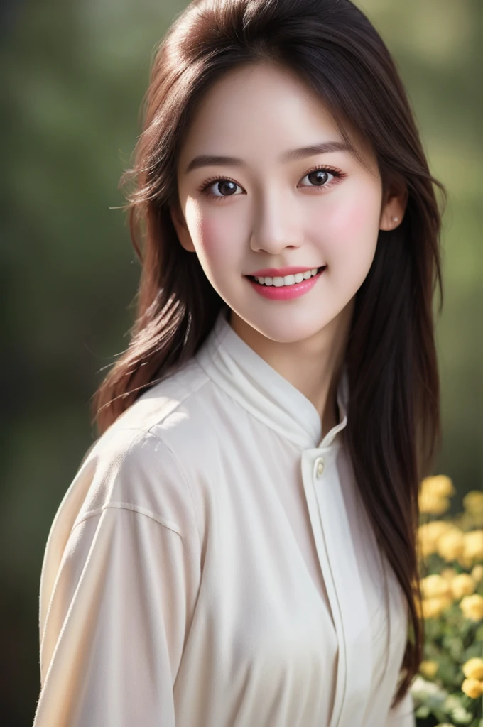 1girl, aodai white, photo art, (flower), a stunning photo with beautiful saturation, ultra high res,(realistic:1.4)),deep shadow,(best quality, masterpiece), pale skin, dimly lit, shade, flustered, blush, highly detailed, skinny, BREAK depth of field, film grain, wrinkled skin, looking at viewer, knee, warm smile, (upper body), masterpiece,ultra realistic,32k,extremely detailed CG unity 8k wallpaper, best quality