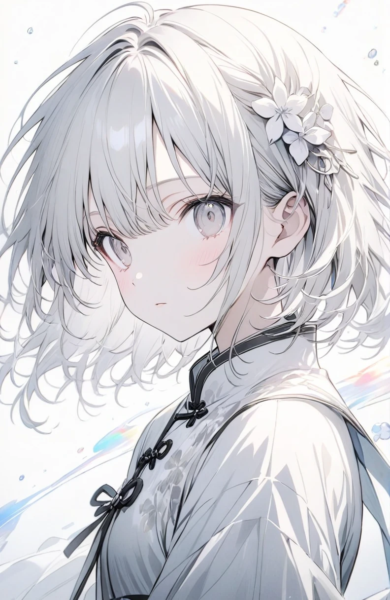 (masterpiece:1.2),(anime),、girl、cute，Silver Hair，Pink glowing eyes，sweets dream, A colorful world, cute, like, Highest quality, masterpiece，【Highest quality, Tabletop】 (Gray white background:1.7), Han Fei，Grey Hair，White flower hair ornament，White ribbon，Grey Eyes，Black and white outfit，White translucent socks，Fleeting，Expressionless，dream，White Background，whole body，Portraits，A look of contempt，chinese style clothing，chinese garment，Monochrome，Fleeting，