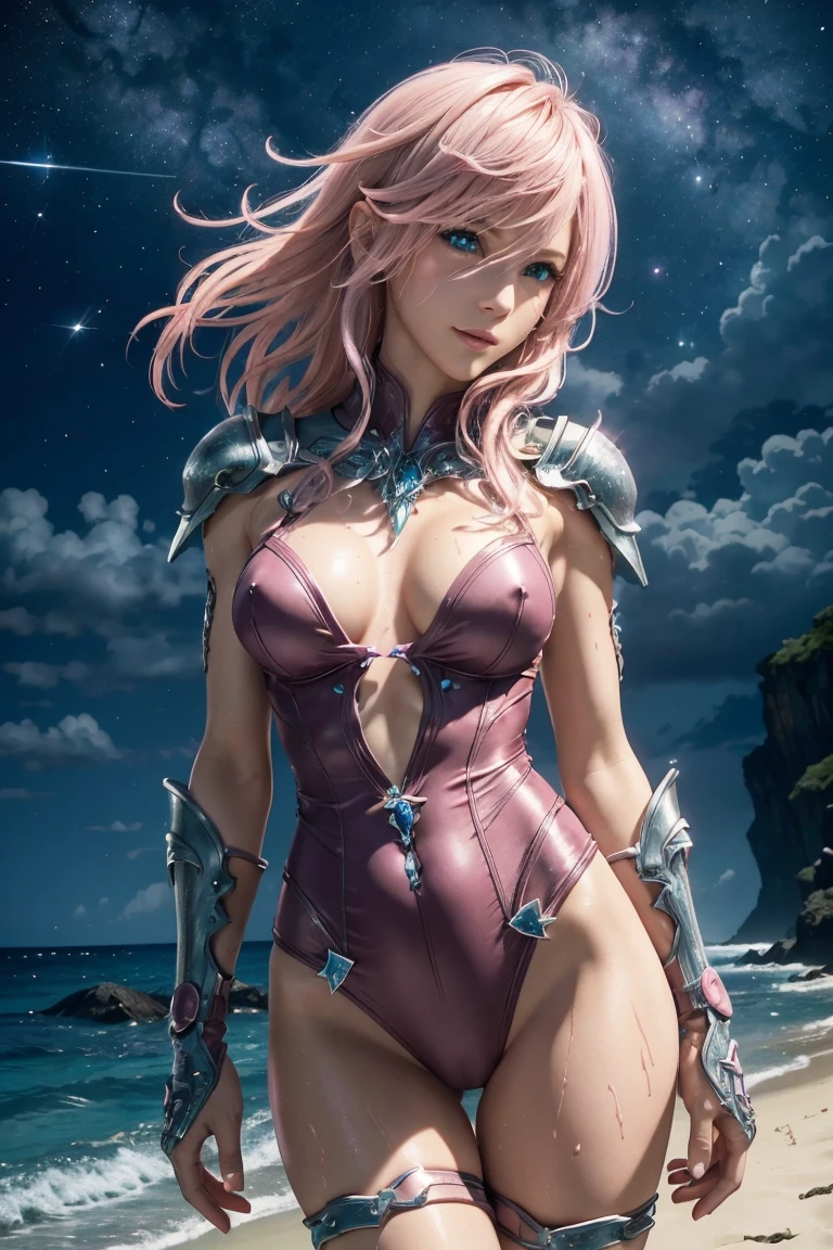 Lightning,Final Fantasy 13,Pink Blonde,Medium Hair,Light perm hair,Hair curled to one side,Let your bangs down,Beautiful Blue Eyes,Beautiful and high nose,Ultra HD,high quality,masterpiece,Digital SLR,Detailed explanation,Intricate details,Anatomical basis,Detailed Description,Detailed face,Realistic skin texture,Sharp details,Perfect Anatomy,Perfect Anatomy,Anatomically correct hand,Anatomically correct fingers,Super Detail,Complex 3D rendering,Sexy pose,Pink Swimsuit,Wet,Beautiful night sky,A starry sky,Beautiful beaches,Fantastic night beach,shooting star,Fantasy worldview,Picturesque,Pink Lips,smile,Brighten up your expression,