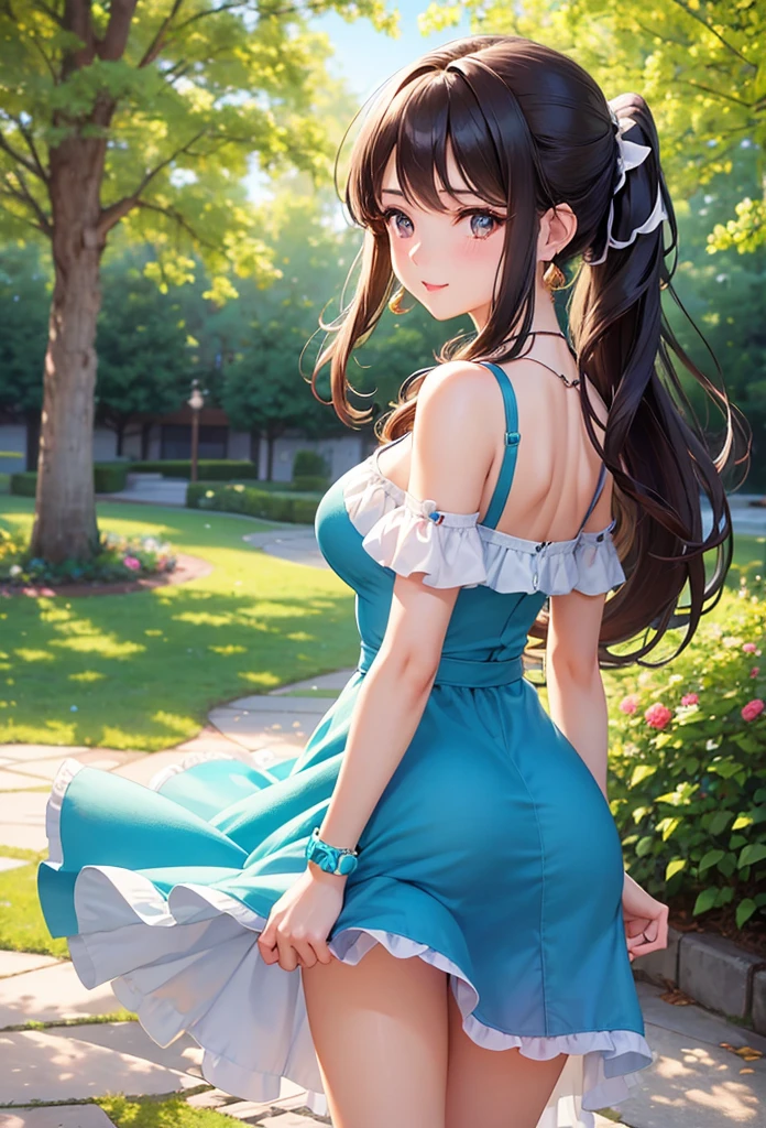 A beautiful girl walking in a garden while contemplating the flowers, anime girl, (20 year old girl:1.3), she is looking back, shows her back, from behind, three quarter view, beautiful garden full of flowers and trees, blue sky with white clouds, butterflies around, cute elegant dress, short sleeves, shows her shoulders, heels, jewelry, (earrings, necklace, bracelet), big round breasts, dark brown hair, french braid, long hair, ponytail, wavy hair, swept bangs, shiny hair, hairclip, hair ribbon, aqua eyes, glowing eyes, pupils sparkling, light smile, blush, happy, red lips, detailed face, slim waist, shapely legs, beautiful thighs, perfect body, princess dress, anime CG style, high definition, natural light, high detail, anime, dithering, image fill, perspective, Wide-Angle, f/1.8, 85mm, Sony FE GM, 8k, 8k wallpaper, super detail, highly detailed CG, UHD, retina, masterpiece, accurate, anatomically correct, textured skin, highres, best quality:1.3, 16k