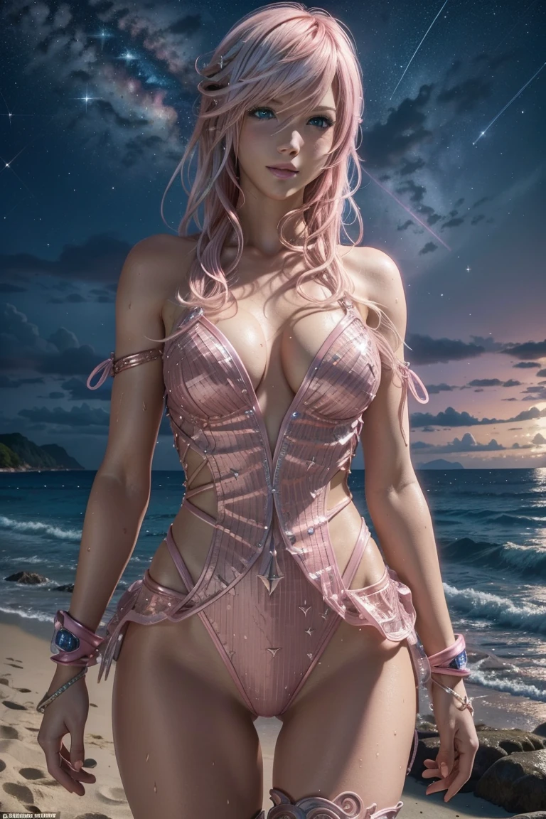 Lightning,Final Fantasy 13,Pink Blonde,Medium Hair,Light perm hair,Hair curled to one side,Let your bangs down,Beautiful Blue Eyes,Beautiful and high nose,Ultra HD,high quality,masterpiece,Digital SLR,Detailed explanation,Intricate details,Anatomical basis,Detailed Description,Detailed face,Realistic skin texture,Sharp details,Perfect Anatomy,Perfect Anatomy,Anatomically correct hand,Anatomically correct fingers,Super Detail,Complex 3D rendering,Sexy pose,pink sequin swimsuit,Wet,Beautiful night sky,A starry sky,Beautiful beaches,Fantastic night beach,shooting star,Fantasy worldview,Picturesque,Pink Lips,smile,Brighten up your expression,