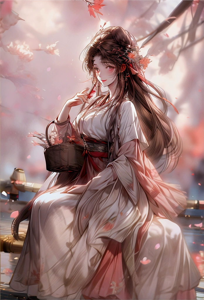 1girl,Long brown hair decorated with flowers 🏵️, bright brown eyes,Smile, smile,Girl wearing a simple hanfu, looks beautiful and pure,The background is filled with red mulberry trees 🍁,Falling leaves make the atmosphere look beautiful,Girl is holding a bamboo basket containing mulberry flowers 🍁while picking flowers, graceful, beautiful, magical, sweet, 4k