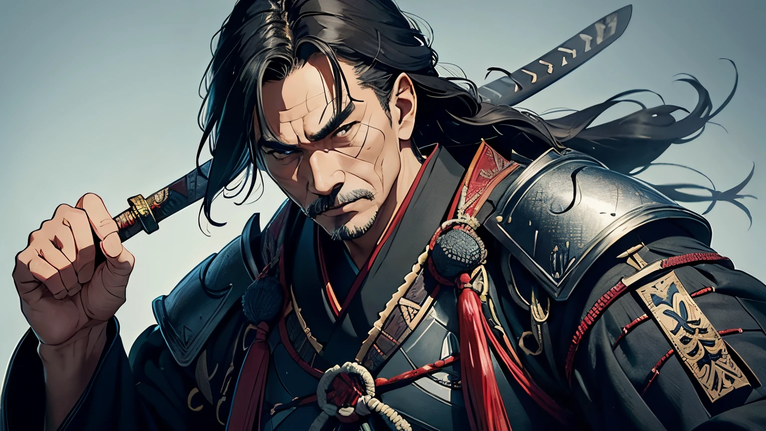 50age、Holding a sword、Māori dollars、Wearing intricately designed traditional samurai armor、
Famous people in Japanese history、He has a stern look、Has an intimidating presence