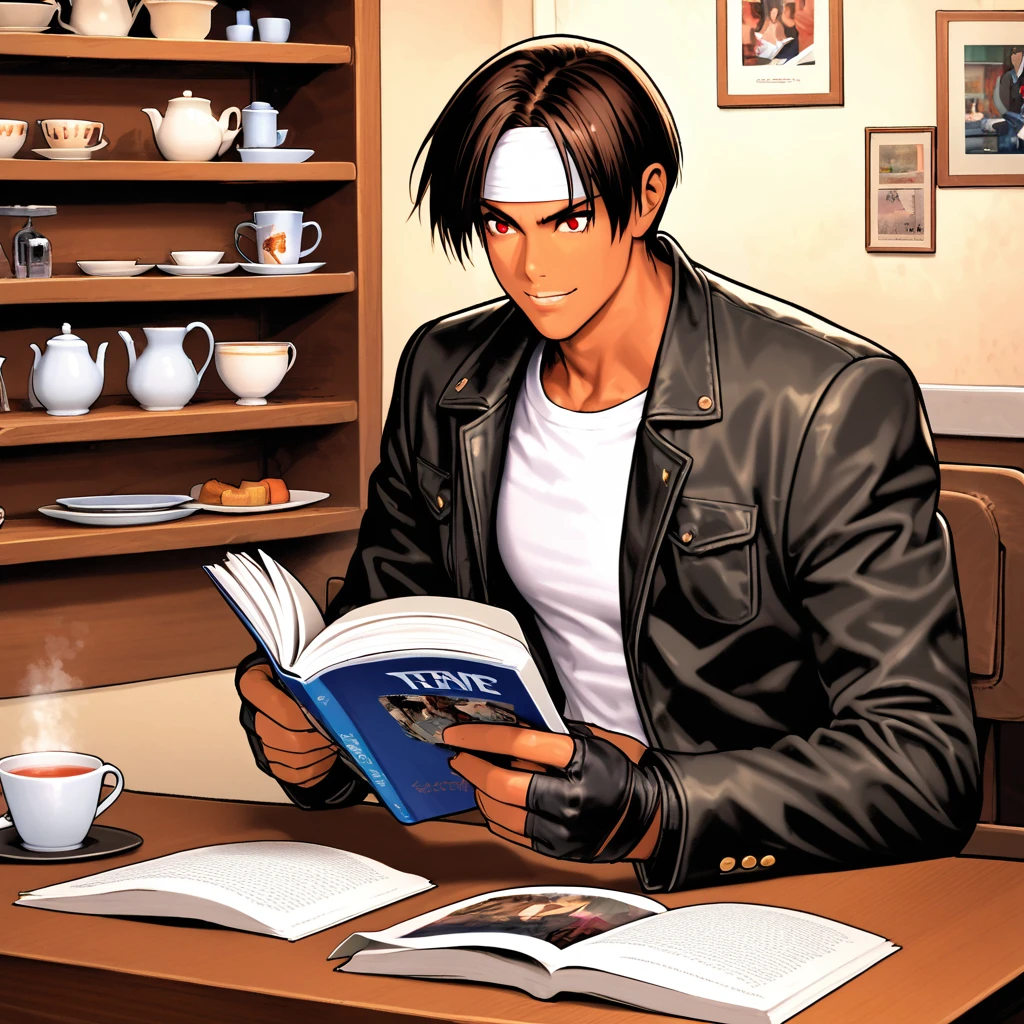 Orochikyo, 1 person,Dark Skin,Red eyes,Black jacket, Fingerless gloves, White T-shirt, White headband, Black trousers, White shoes, Tea belt, good looking,indoor, charm, masterpiece, High resolution, Detailed face,fine grain, A confident grin,Sit at a table,Reading a magazine,The interior of the store has a bright atmosphere