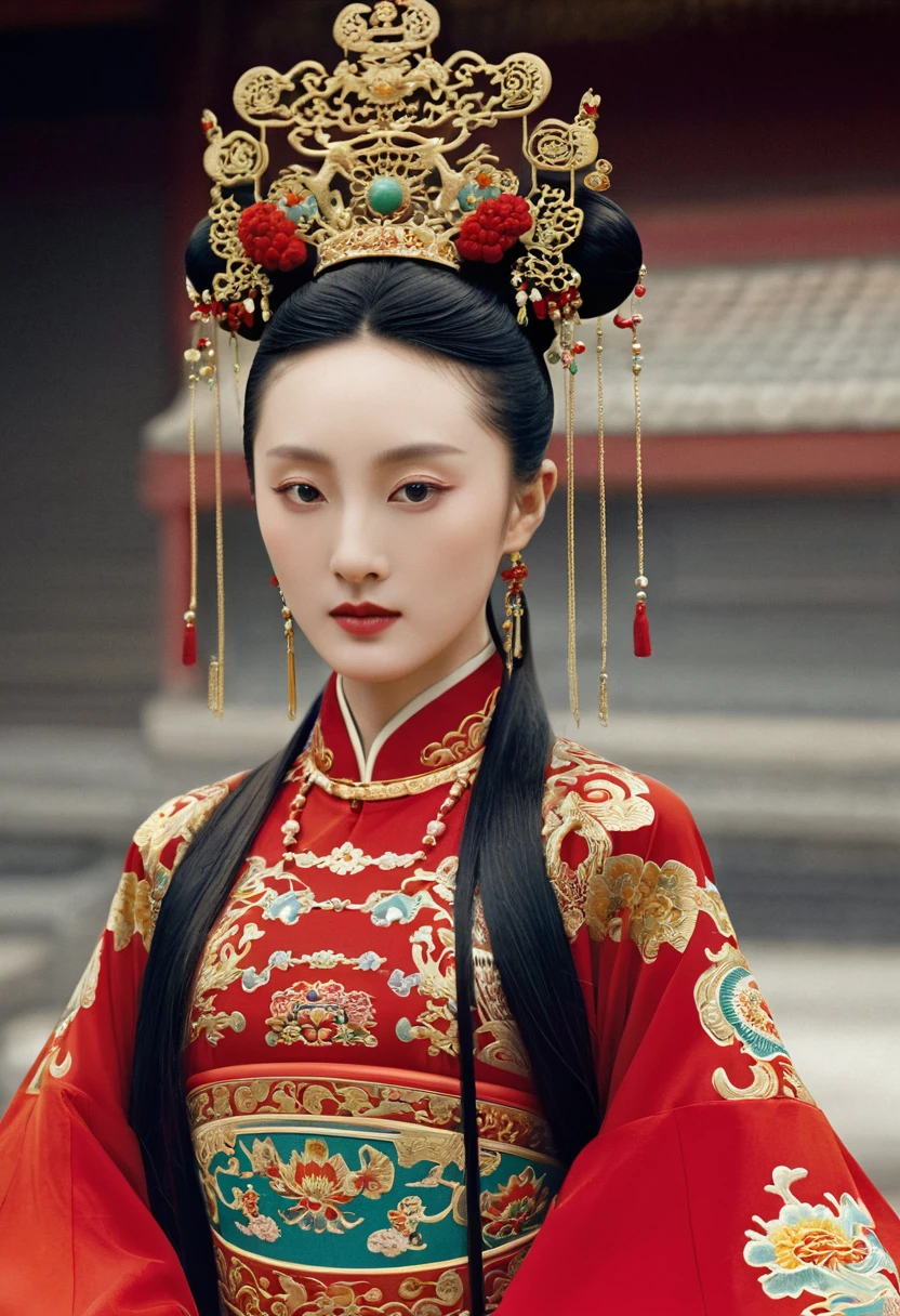 Chinese actress Ruyi Den Jow Shun (Zhou Xun) similar face Qing dynasty empress seen from front standing full body empress red costume open and out looking large breasts and hairy pussy
Nude
Qing Dynasty Chinese palace outside stone tatami mats with large crown of Empress of China hairstyle