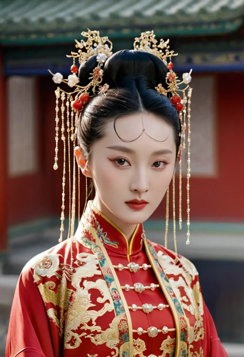 Chinese actress Ruyi Den Jow Shun (Zhou Xun) similar face Qing dynasty empress seen from front standing full body empress red costume open and out looking large breasts and hairy pussy　
Nude
Qing Dynasty Chinese palace outside stone tatami mats with large crown of Empress of China hairstyle