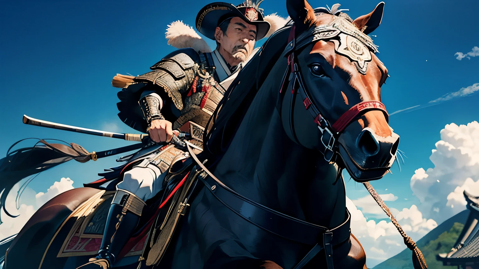 50age、Riding a horse、Māori dollars、Wearing intricately designed traditional samurai armor、
Famous people in Japanese history、He has a stern look、Has an intimidating presence