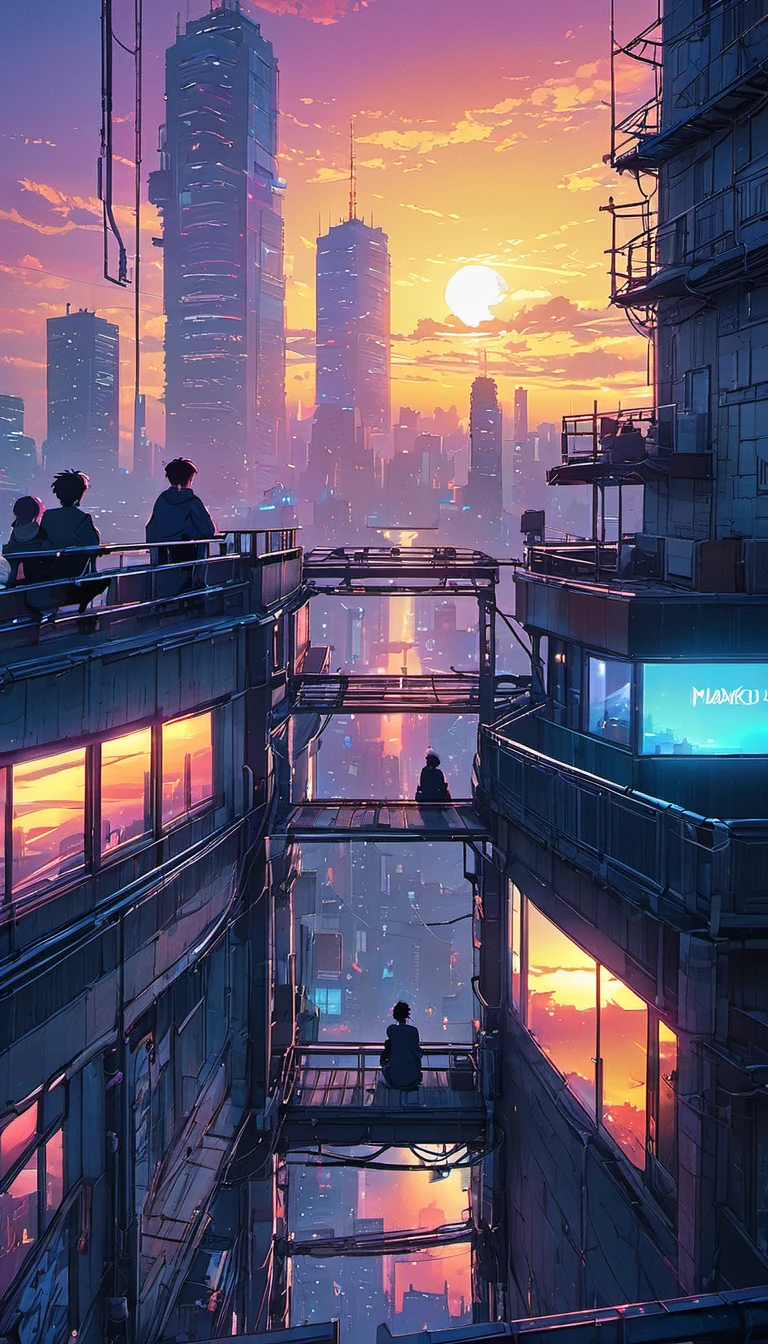 anime couple sitting on a balcony watching the sunset, watching the sun set. anime, lofi artstyle, anime background art, anime style cityscape, beautiful anime scene, lofi art, in style of makoto shinkai, 4 k manga wallpaper, makoto shinkai cyril rolando, hd anime cityscape, ilya kuvshinov landscape, 4k anime wallpaper