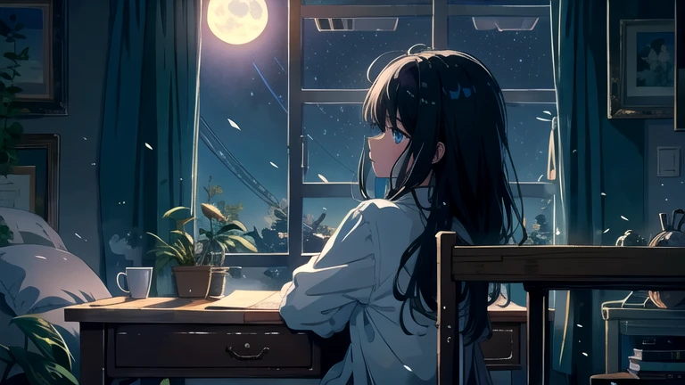 Create an illustration of a girl with black hair and blue eyes, sitting in a chair in front of a desk, Sentimental, Introspective look。, The moonlight gently shines into the room, Gently illuminate the space, Curtains sway in the wind, Increase tranquility, Dark mood, Emphasise the theme of loneliness, silence, And the depths of night, The room is dark、dimly lit by the moonlight