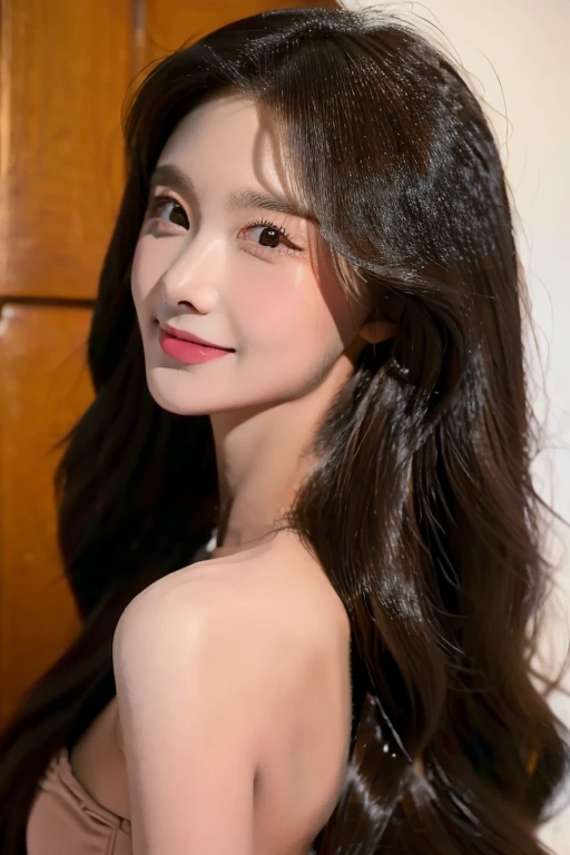 1girl, Solo, High Resolution, Long Hair, Breasts, Brown Hair, Large breasts, Open Mouth, Simple backgroundHyperrealism, Realism, Social Realism,