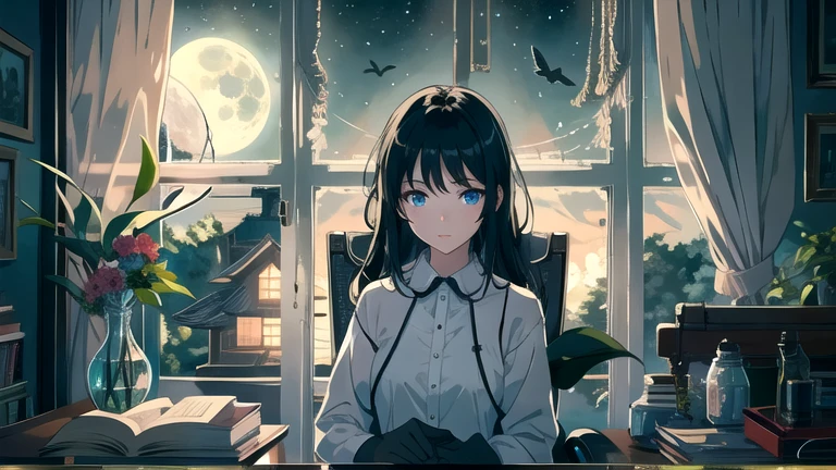 Create an illustration of a girl with black hair and blue eyes, sitting in a chair in front of a desk, Sentimental, Introspective look。, The moonlight gently shines into the room, Gently illuminate the space, Curtains sway in the wind, Increase tranquility, Dark mood, Emphasise the theme of loneliness, silence, And the depths of night, The room is dark、dimly lit by the moonlight