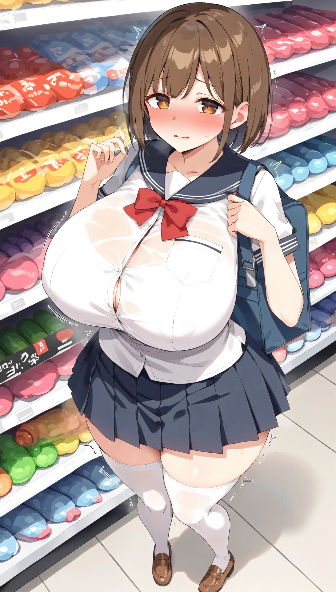 (POV from above), (Best quality: 1.5), (Masterpiece: 1.5), (2.5D), (Good definition), (Detailed face), (Well drawn face), (Vivid colors), (1 character), (Exaggerated proportions), (Hentai), (Perfect anatomy), (Character in the center), (Absurd), (4k wallpaper), (Detailed eyes), (Perfect hands), (Perfect fingers), (Beautiful skin), (Glowing skin), (the best details), (very high quality of details), (Perfect shadows), (Perfect lighting), (Full body), (Beautiful eyes), (Masterpiece), (Voluptuous body), (Pretty face), Young woman, Short dark brown hair, Bangs, Brown eyes, Wears (school uniform) with thigh-high stockings, shy expression, transparent liquid drips from her thighs, has onomatopoeia of trembling and arousal close to the body, She has suggestive curves, Huge breasts, Huge thighs, Huge ass, Voluptuous body, Good proportions, She is standing inside a dildo store but just looks at them