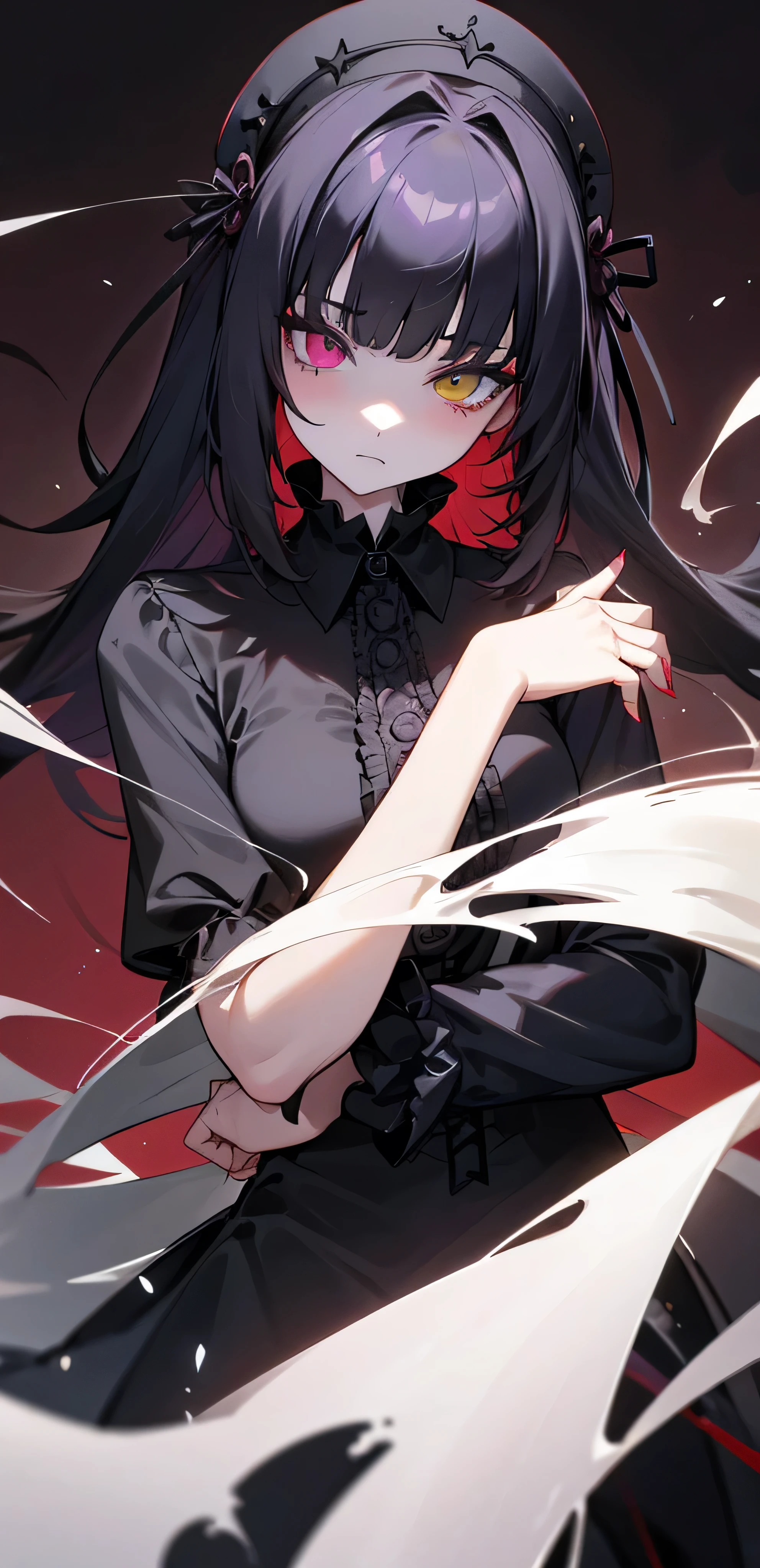 cover the skin,heterochromia,right eye red,Zuo Muqing,unity 8k wallpaper, super detailed, beautiful, beautiful, ((new goth gal:1.4)), masterpiece, highest quality, dark, in the atmosphere, Mysterious, romantic, Spooky, literature, art, fashion, victorian, decoration, Complex, ironwork, race, contemplation, depth of emotion, Supernatural, 1 girl, alone, hip
