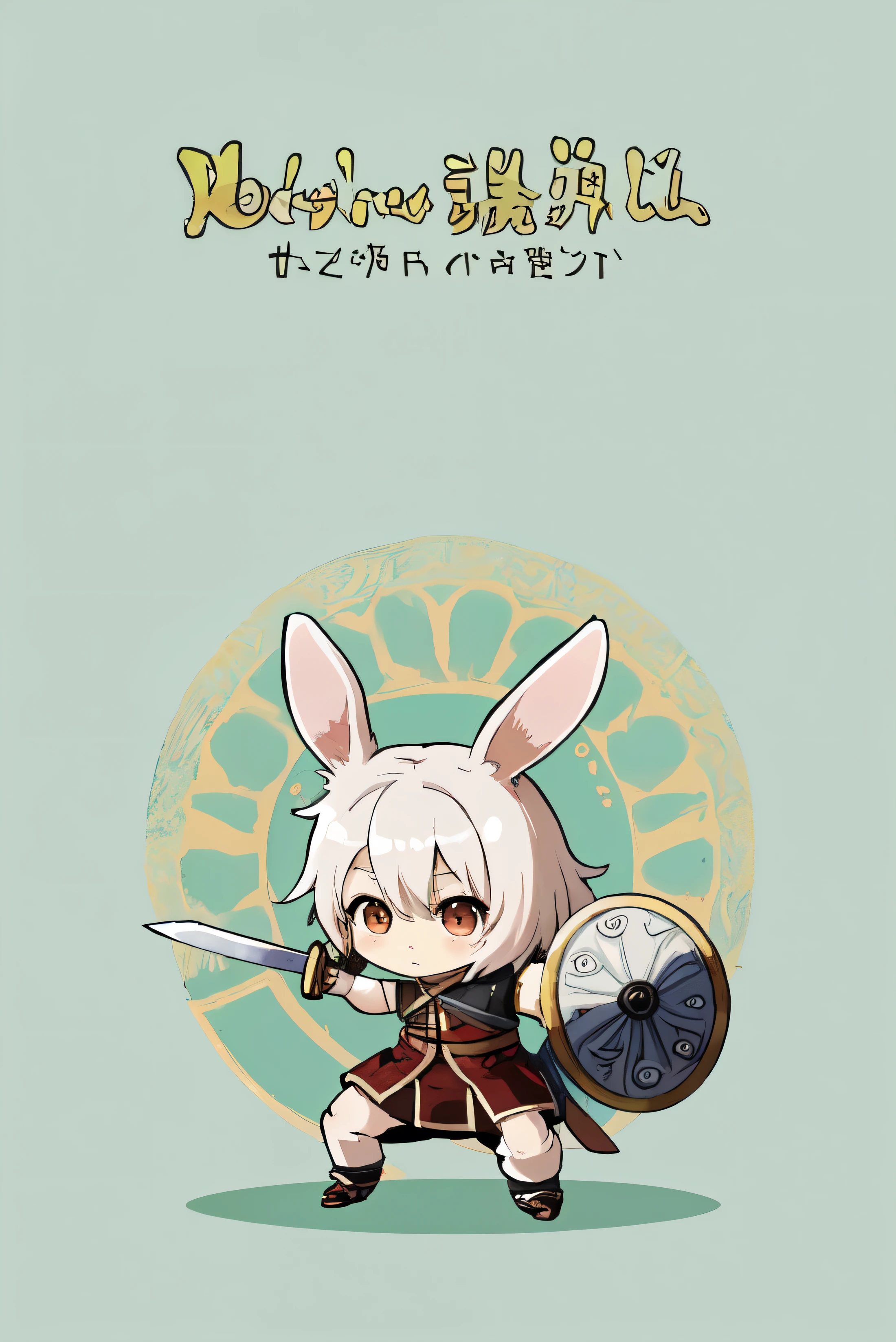 A cute anime-style chibi character of a rabbit warrior fighting with a sword and shield