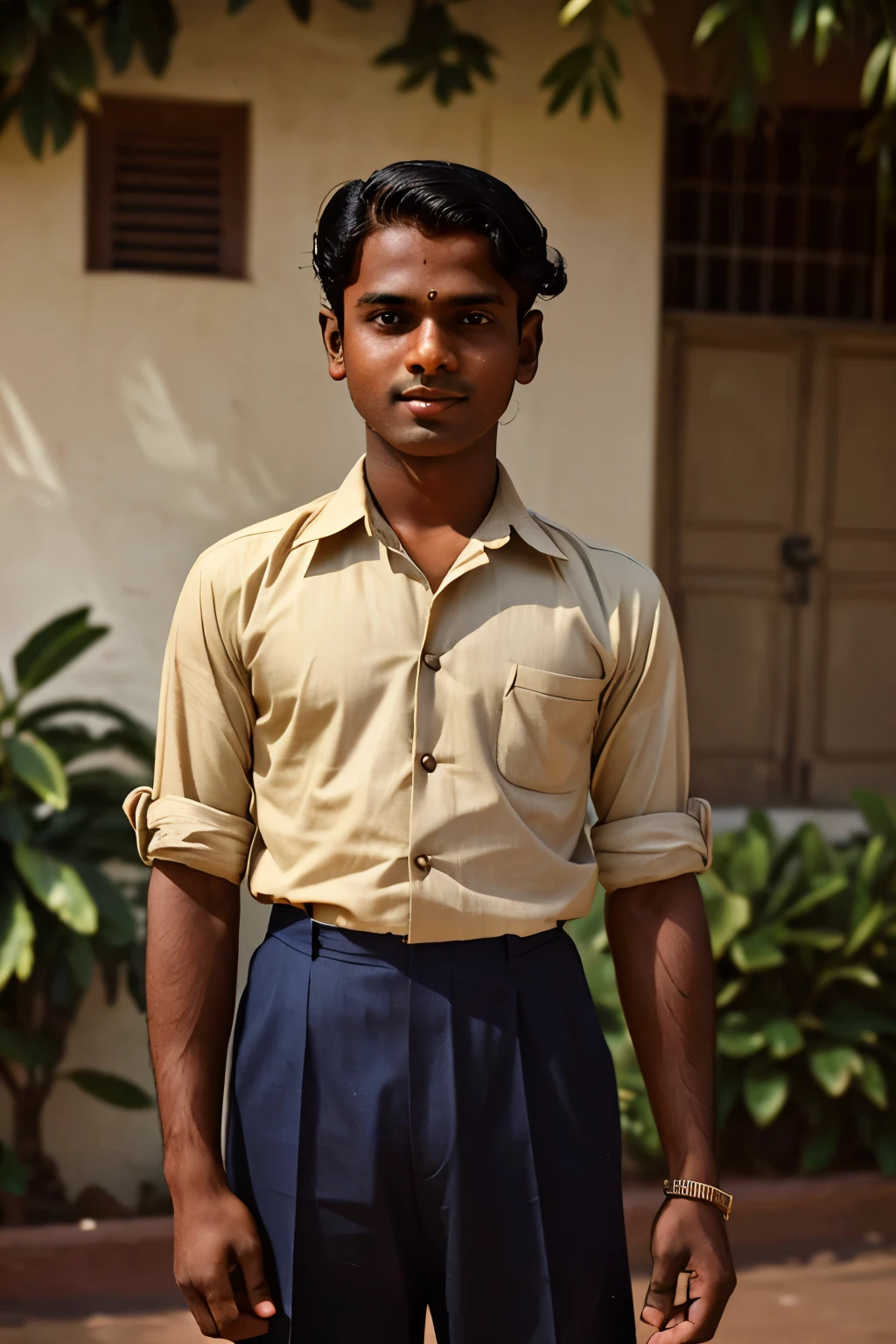 Madras, India, 1943. A young ((((19-year-old)) Philipose)), at university, ((((clothings from the 1940s)))), ((hairstyle of the 1940s))