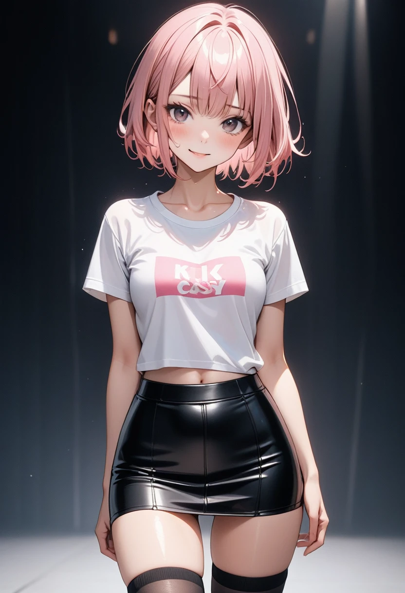 (((Female singer, T-shirt, leather tight mini skirt, knee socks,))), (Navel), skindentation, skinny, solo, 1 woman, Masterpiece, highest quality, highest quality, 16K, incredibly absurd, highly detailed, 2.5D, ai-generated, delicate and dynamic, very delicate facial expressions, delicate eye depiction, erotic, only sexy woman, ((A cute and kind face)), healthy figure, ((25-year-old woman)), 160cm tall, ((medium firm swaying bust)), medium breasts, (short hair), (pink hair:1.5), bob cut, black eye, blush, Sweat,Embarrassed,sexy, ((thin thighs)), (Erect nipples,:0.5), shiny and lustrous, facing straight at viewer,  smile, ((Oily_skin)), dark skin, ((standing)), ((arm at side)), ((erotic pose)),