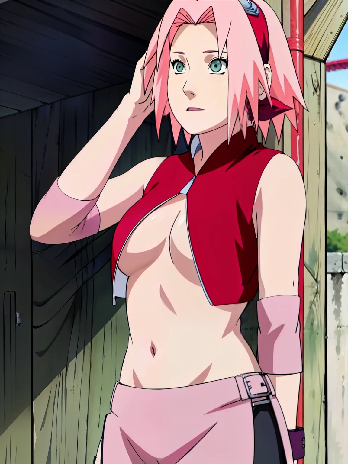 Sakura Haruno showing her belly with open zipper and open top showing her sexy breasts
