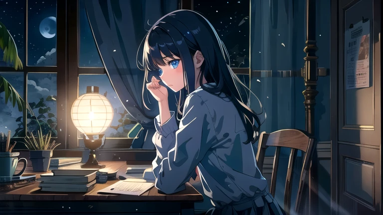 Create an illustration of a girl with black hair and blue eyes, sitting in a chair in front of a desk, Sentimental, Introspective look。, The moonlight gently shines into the room, Gently illuminate the space, Curtains sway in the wind, Increase tranquility, Dark mood, Emphasise the theme of loneliness, silence, And the depths of night, The room is dark、dimly lit by the moonlight