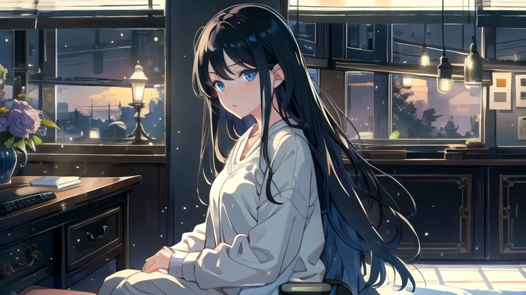 Create an illustration of a girl with black hair and blue eyes, sitting in a chair in front of a desk, Sentimental, Introspective look。, The moonlight gently shines into the room, Gently illuminate the space, Curtains sway in the wind, Increase tranquility, Dark mood, Emphasise the theme of loneliness, silence, And the depths of night, The room is dark、dimly lit by the moonlight