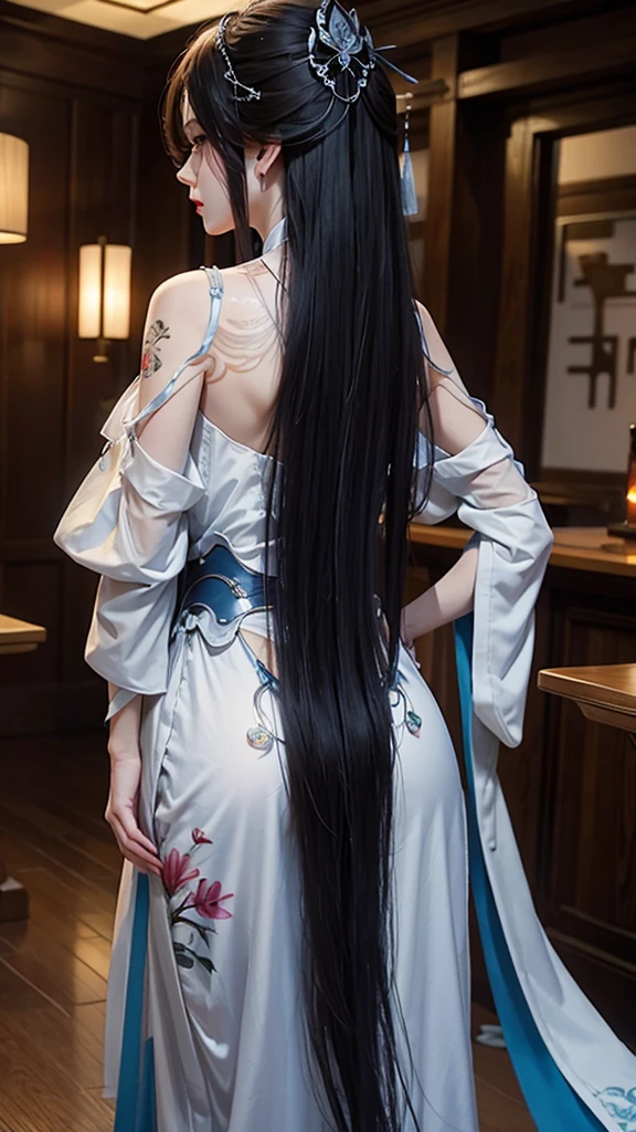 realistic, high resolution, 1 woman, hips up, beautiful eyes, long hair, big eyes, decorations, tattoo, Hanfu, Chinese Fairy, back view