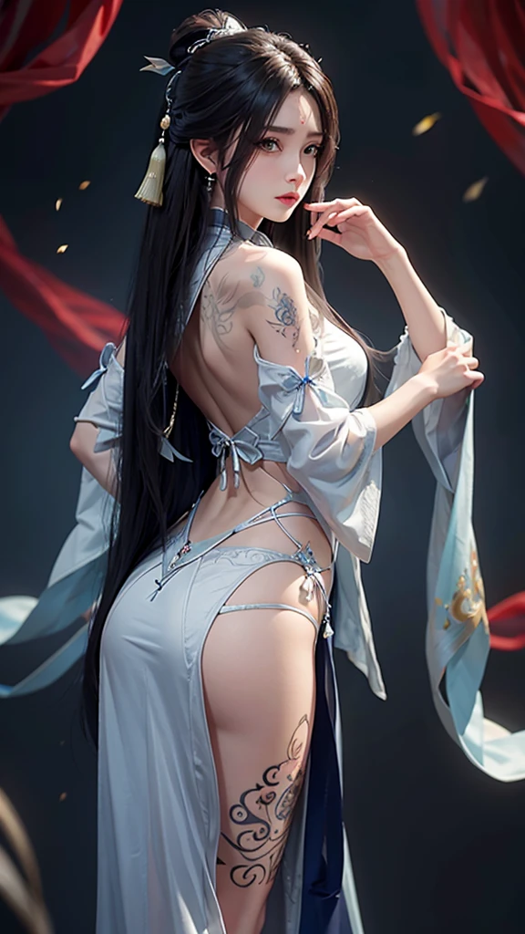 realistic, high resolution, 1 woman, hips up, beautiful eyes, long hair, big eyes, decorations, tattoo, Hanfu, Chinese Fairy, back view